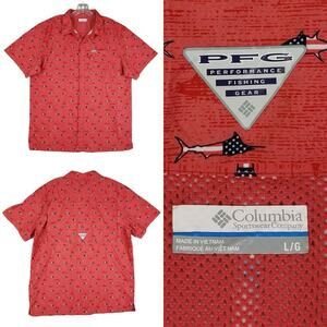 Columbia Shirt Mens PFG SS Button Down Size Large L Red Flag Swordfish Patriotic